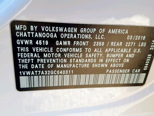 1VWAT7A32GC040311 - 2016 VOLKSWAGEN PASSAT S WHITE photo 10