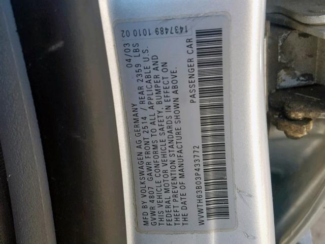 WVWTH63B03P433772 - 2003 VOLKSWAGEN PASSAT GLX 银色 照片 10