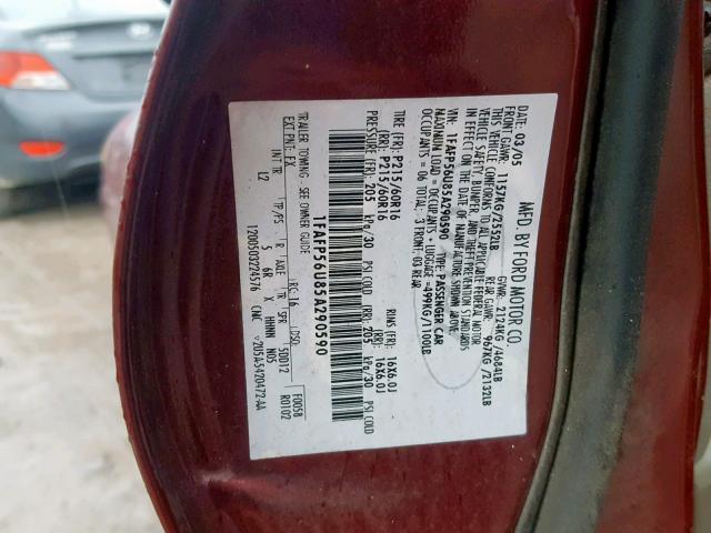 1FAFP56U85A290590 - 2005 FORD TAURUS SEL MAROON photo 10