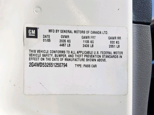 2G4WD532651250794 - 2005 BUICK LACROSSE C WHITE photo 10