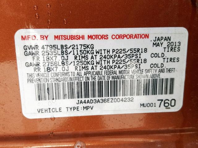 JA4AD3A36EZ004232 - 2014 MITSUBISHI OUTLANDER ORANGE photo 10