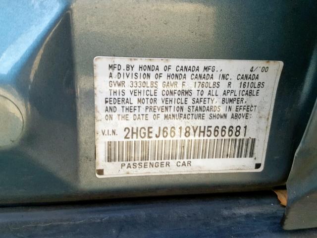 2HGEJ6618YH566681 - 2000 HONDA CIVIC BASE Mavi foto 10