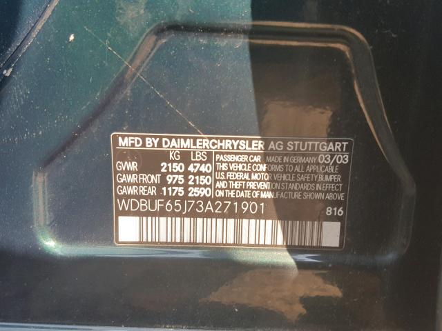 WDBUF65J73A271901 - 2003 MERCEDES-BENZ E 320 GREEN photo 10