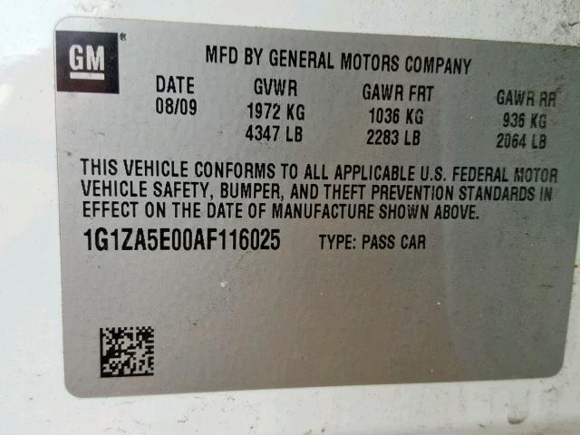 1G1ZA5E00AF116025 - 2010 CHEVROLET MALIBU LS 白色 照片 10