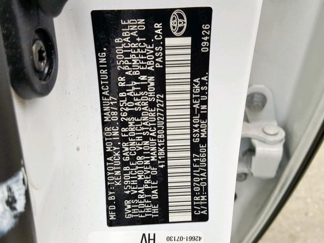 4T1BK1EB0JU277272 - 2018 TOYOTA AVALON XLE WHITE photo 10