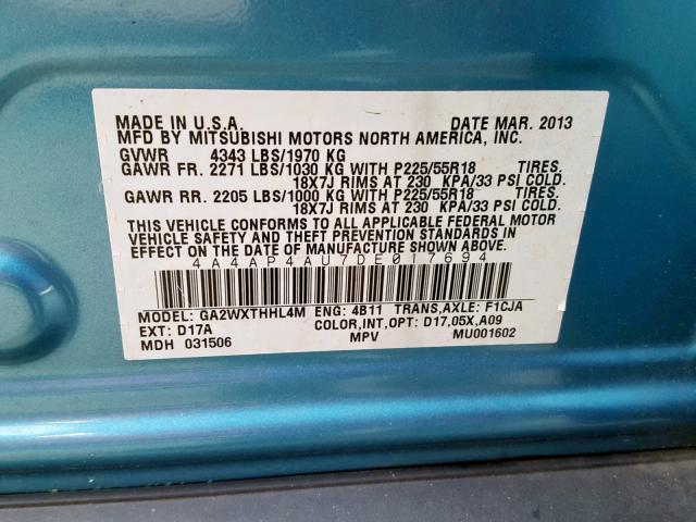 4A4AP4AU7DE017694 - 2013 MITSUBISHI OUTLANDER BLUE photo 10