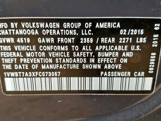 1VWBT7A3XFC073057 - 2015 VOLKSWAGEN PASSAT SE GRAY photo 10