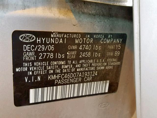 KMHFC46D07A193124 - 2007 HYUNDAI AZERA GLS SILVER photo 10