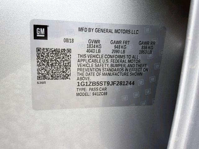 1G1ZB5ST9JF281244 - 2018 CHEVROLET MALIBU LS SILVER photo 10