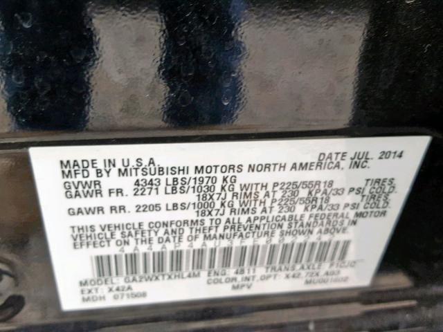 4A4AP4AU3FE002242 - 2015 MITSUBISHI OUTLANDER BLACK photo 10