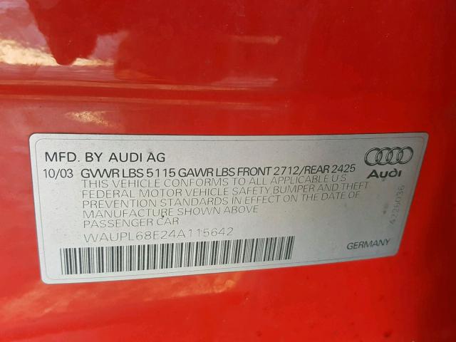 WAUPL68E24A115642 - 2004 AUDI S4 RED photo 10