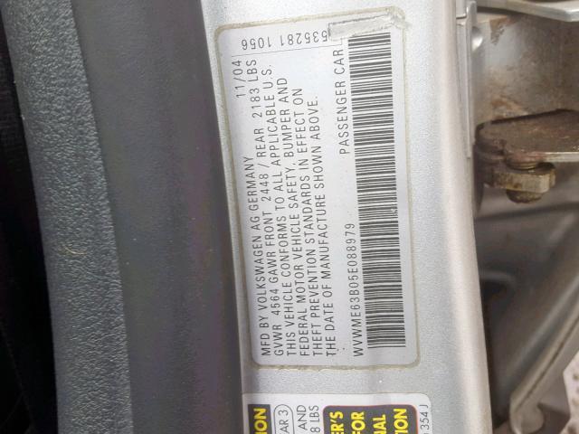 WVWME63B05E088979 - 2005 VOLKSWAGEN PASSAT GL SILVER photo 10