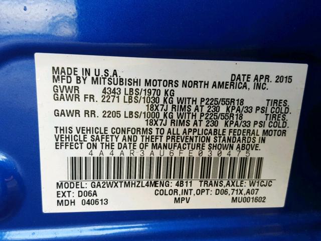 4A4AR3AU6FE030475 - 2015 MITSUBISHI OUTLANDER BLUE photo 10