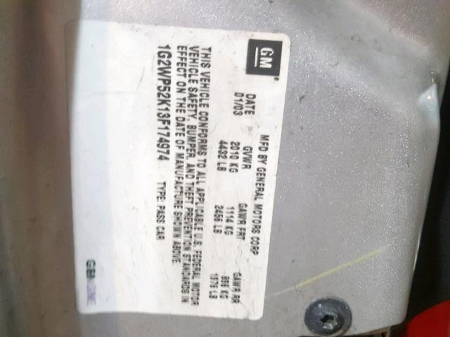 1G2WP52K13F174974 - 2003 PONTIAC GRAND PRIX SILVER photo 10