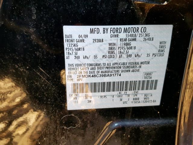 2FMDK48C39BA91774 - 2009 FORD EDGE SEL BLUE photo 10