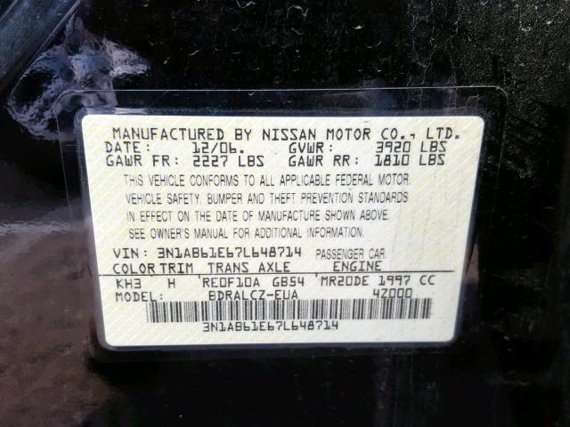 3N1AB61E67L648714 - 2007 NISSAN SENTRA 2.0 BLACK photo 10