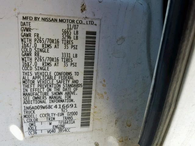 1N6AD09W68C416691 - 2008 NISSAN FRONTIER C WHITE photo 10