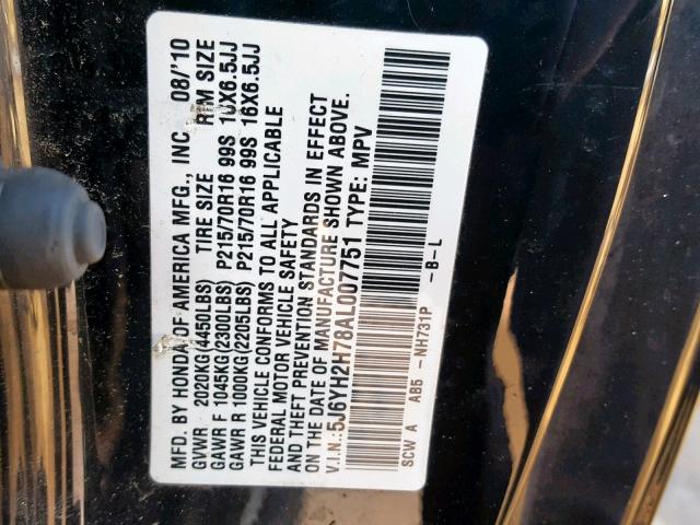 5J6YH2H78AL007751 - 2010 HONDA ELEMENT EX BLACK photo 10