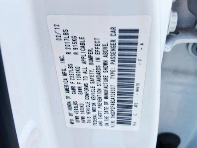 1HGCP2F46CA108007 - 2012 HONDA ACCORD LXP WHITE photo 10