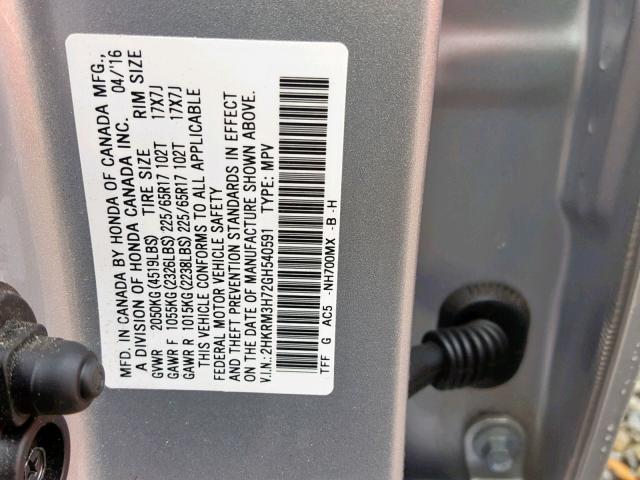 2HKRM3H72GH540591 - 2016 HONDA CR-V EXL SILVER photo 10