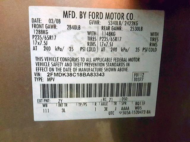 2FMDK38C18BA83343 - 2008 FORD EDGE SEL SILVER photo 10