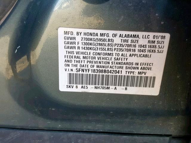 5FNYF18398B042041 - 2008 HONDA PILOT SE GRAY photo 10