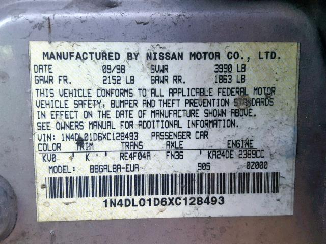 1N4DL01D6XC128493 - 1999 NISSAN ALTIMA XE GRAY photo 10