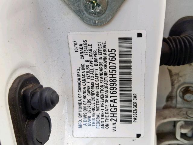 2HGFA16998H507605 - 2008 HONDA CIVIC EXL WHITE photo 10