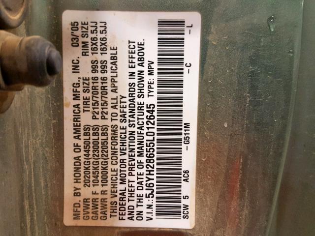 5J6YH28655L012645 - 2005 HONDA ELEMENT EX GREEN photo 10