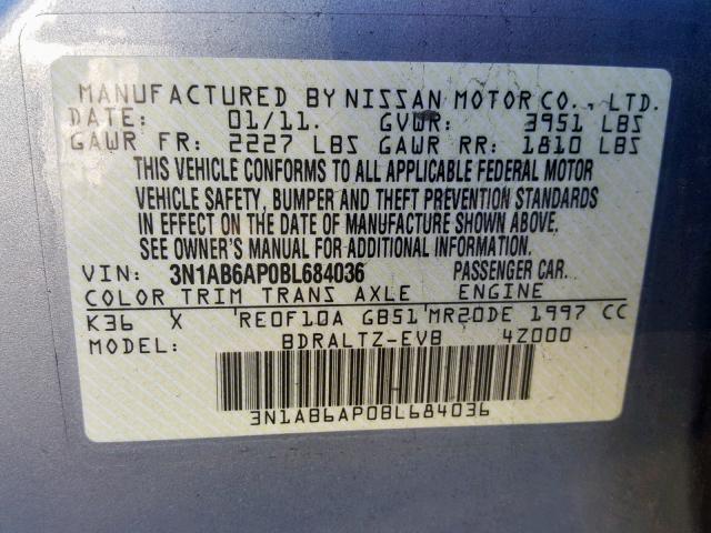 3N1AB6AP0BL684036 - 2011 NISSAN SENTRA 2.0 SILVER photo 10