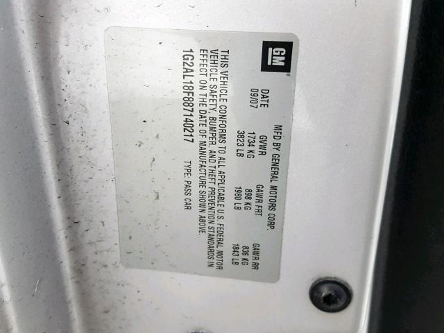 1G2AL18F887140217 - 2008 PONTIAC G5 SILVER photo 10