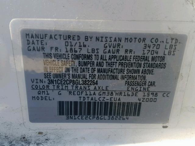 3N1CE2CP8GL382264 - 2016 NISSAN VERSA NOTE WHITE photo 10