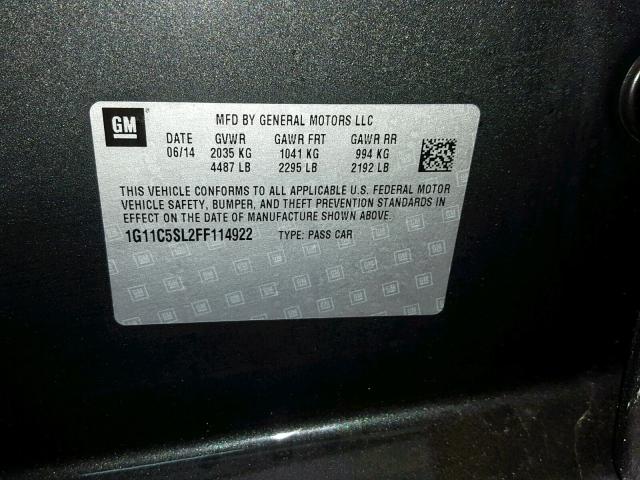 1G11C5SL2FF114922 - 2015 CHEVROLET MALIBU 1LT ნაცრისფერი ფოტო 10