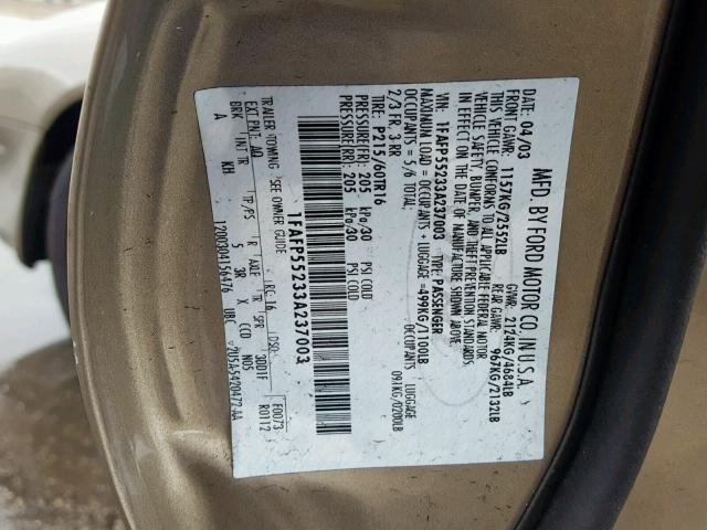 1FAFP55233A237003 - 2003 FORD TAURUS SES GOLD photo 10