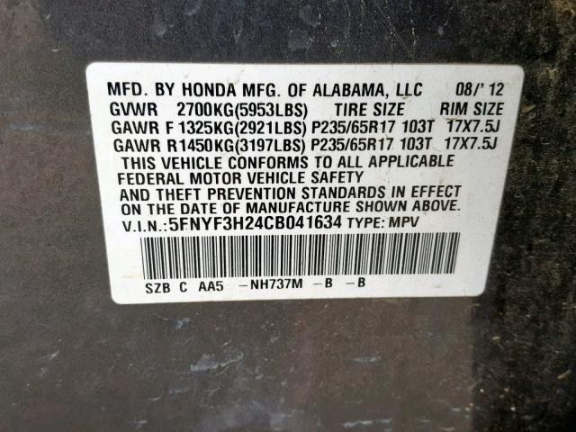 5FNYF3H24CB041634 - 2012 HONDA PILOT LX GRAY photo 10