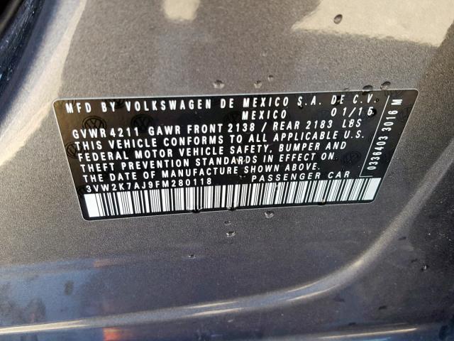 3VW2K7AJ9FM280118 - 2015 VOLKSWAGEN JETTA BASE Մոխրագույն լուսանկար 10