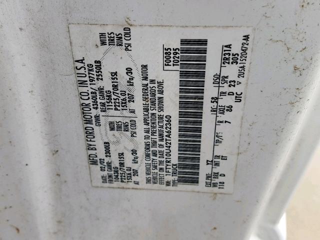 1FTYR10U42TA62360 - 2002 FORD RANGER WHITE photo 10