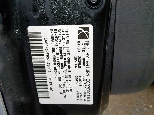 1G8AW12F03Z175322 - 2003 SATURN ION LEVEL SILVER photo 10