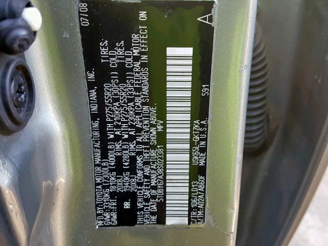 5TDBY67A38S023381 - 2008 TOYOTA SEQUOIA PL GRAY photo 10