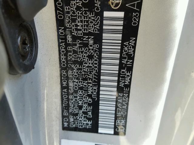 JTKDE177750009578 - 2005 TOYOTA SCION TC ვერცხლისფერი ფოტო 10