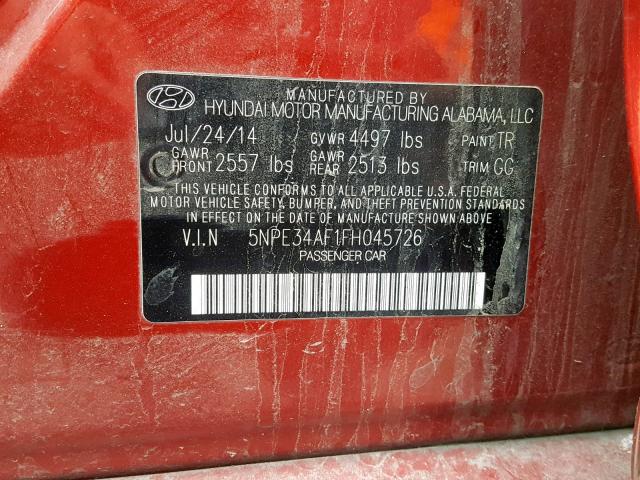 5NPE34AF1FH045726 - 2015 HYUNDAI SONATA SPO RED photo 10