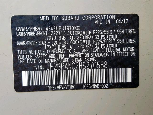 JF2GPANC2H8270588 - 2017 SUBARU CROSSTREK TAN photo 10