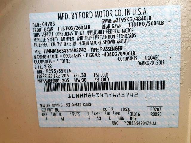 1LNHM86S43Y683742 - 2003 LINCOLN LS WHITE photo 10