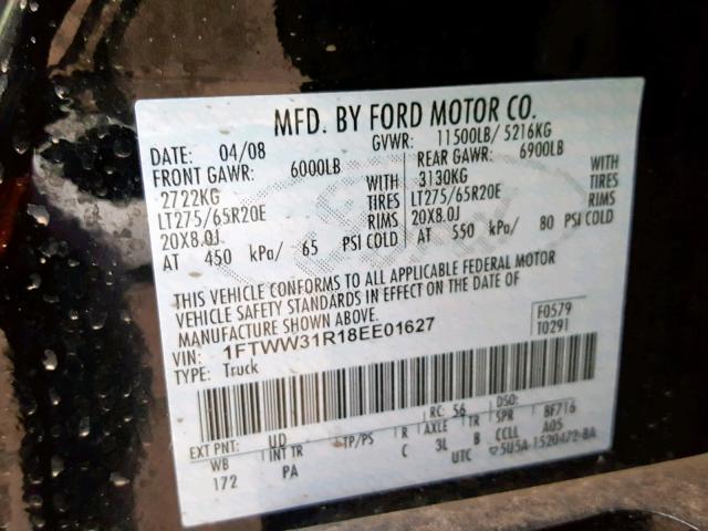 1FTWW31R18EE01627 - 2008 FORD F350 SRW S BLACK photo 10