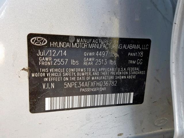 5NPE34AFXFH036782 - 2015 HYUNDAI SONATA SPO SILVER photo 10