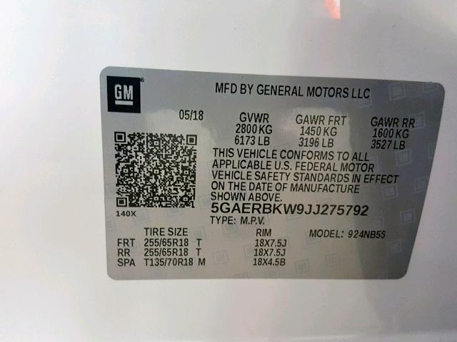 5GAERBKW9JJ275792 - 2018 BUICK ENCLAVE ES WHITE photo 10