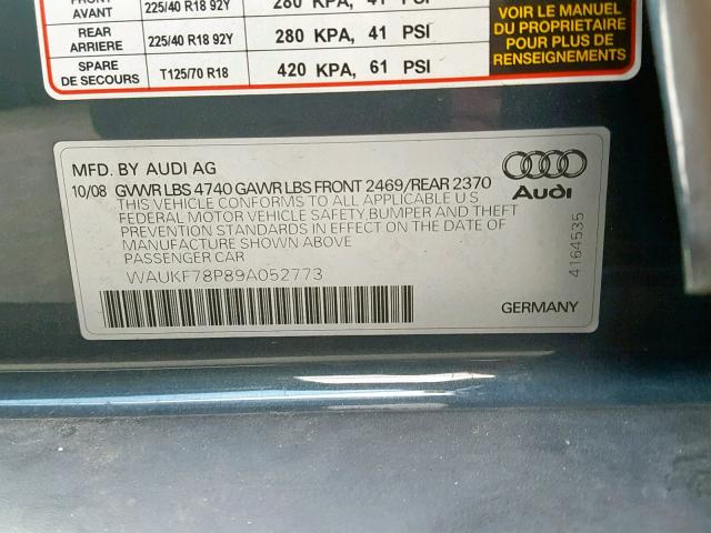 WAUKF78P89A052773 - 2009 AUDI A3 2.0T QU GRAY photo 10