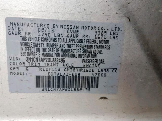 3N1CN7AP2DL882495 - 2013 NISSAN VERSA S SILVER photo 10