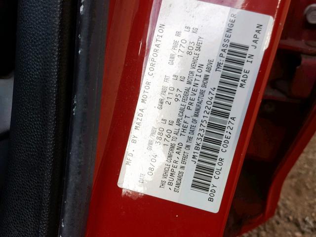 JM1BK323751220474 - 2005 MAZDA 3 S RED photo 10