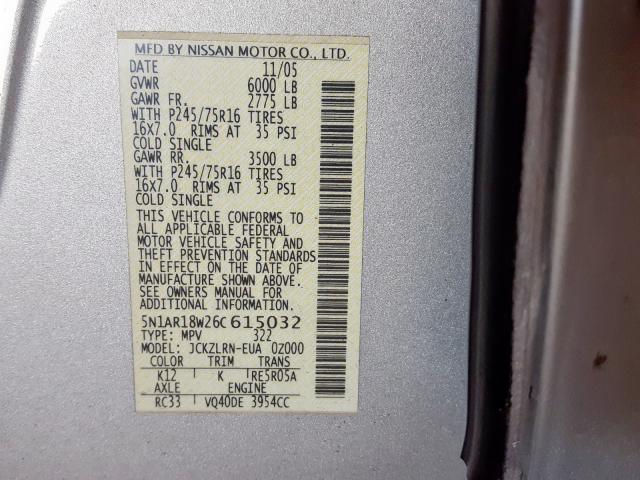 5N1AR18W26C615032 - 2006 NISSAN PATHFINDER GRAY photo 10